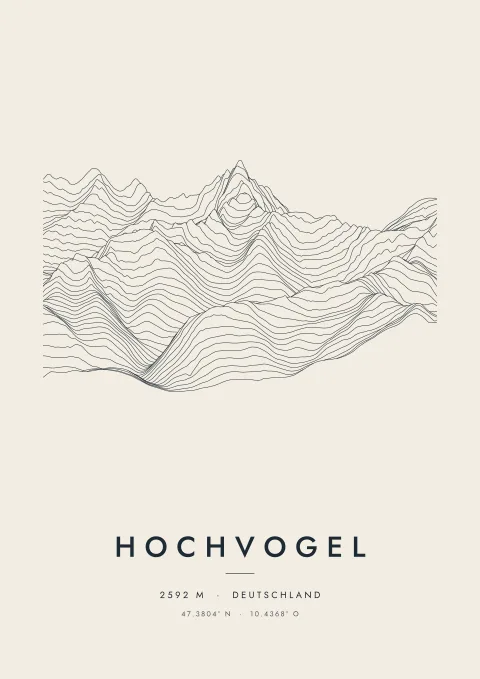 Hochvogel als Plakat, aus Höhenlinien gezeichnet