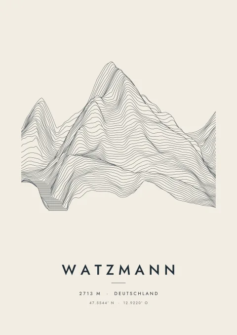 Watzmann als Plakat, aus Höhenlinien gezeichnet