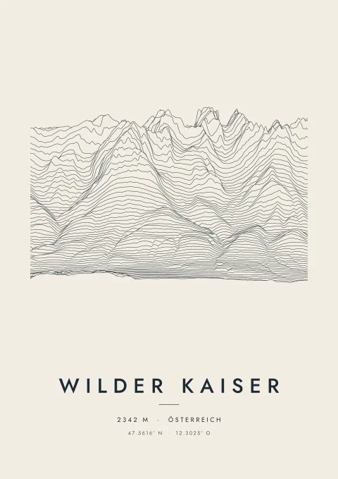 Wilder Kaiser als Plakat, aus Höhenlinien gezeichnet