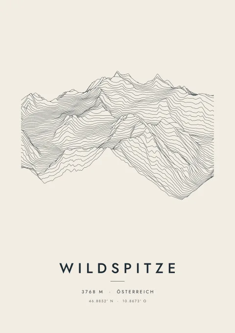 Wildspitze als Plakat, aus Höhenlinien gezeichnet