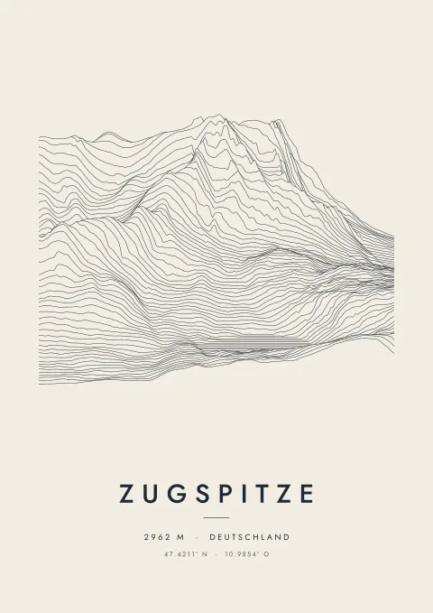 Zugspitze als Plakat, aus Höhenlinien gezeichnet